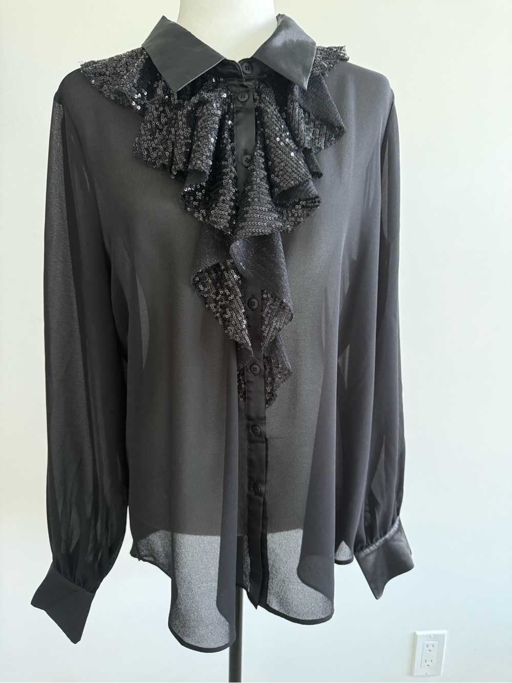 Black Sequin Ruffle Collared Blouse with Satin Cuffs & Collar